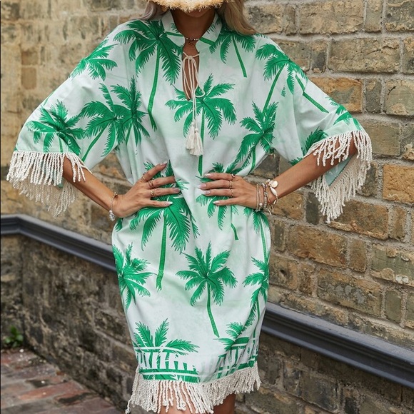 π BOHO GREEN PALM PRINT FRINGE LOOSE FIT DRESS! - Picture 5 of 10